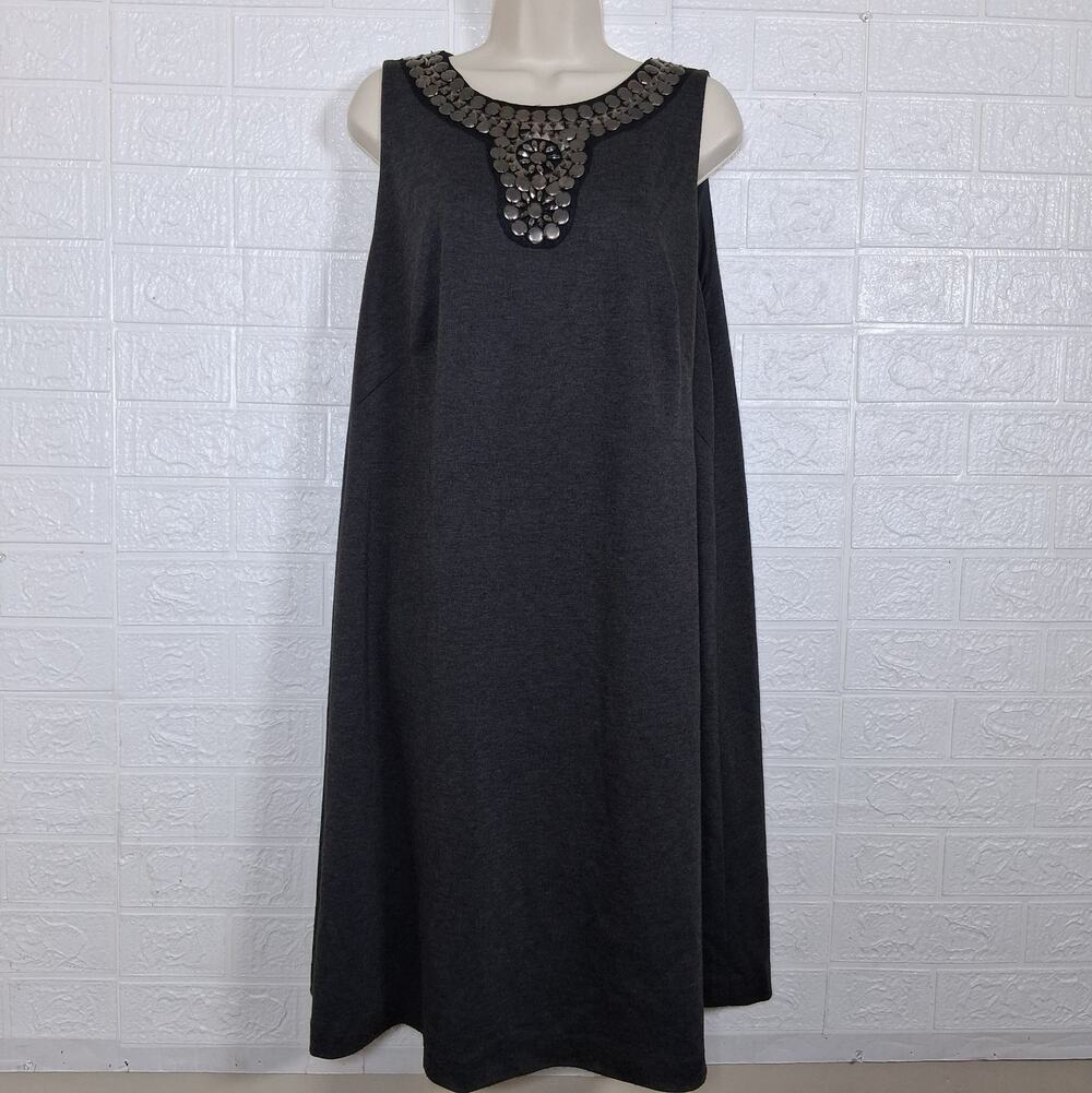 Suzi Chin Maggy Boutique 16W Gray Embellished Shift Dress Statement Neck